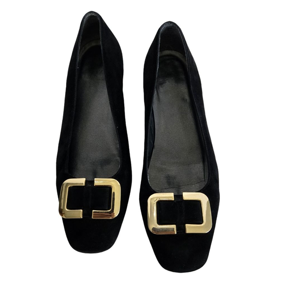 Women's Stuart Weitzman Black Suede Gold Buckle Flats US 8 - Picture 1 of 11